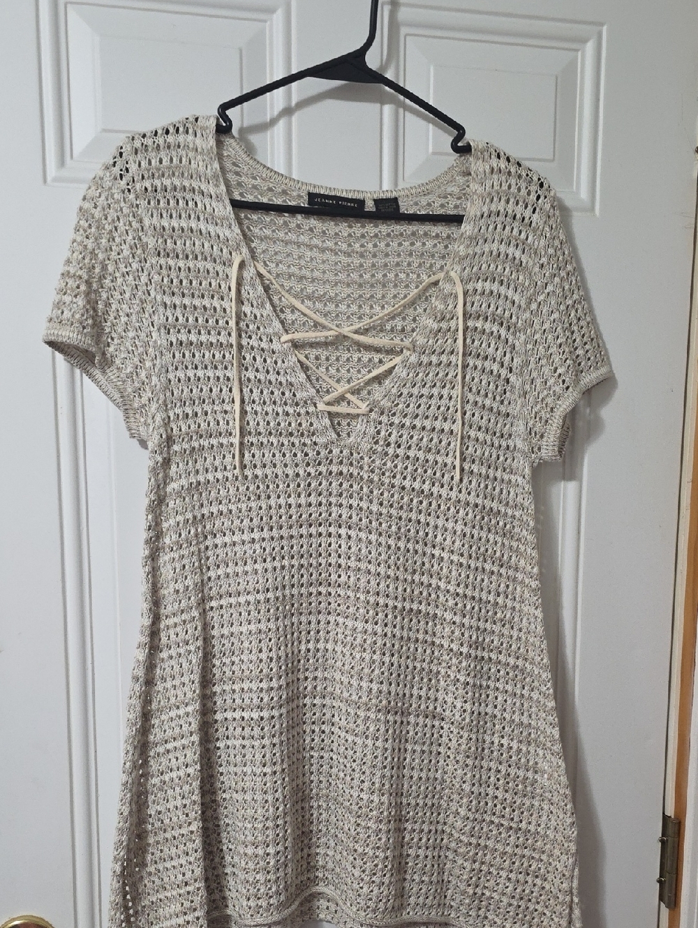 JEANNE PIERRE Beige Open-Knit Lace-Up Tunic Top